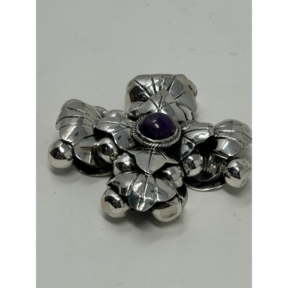 Vintage Mexican 925 Sterling Silver Amethyst Cross Pendant 62g Pre 1948 - Picture 8 of 16